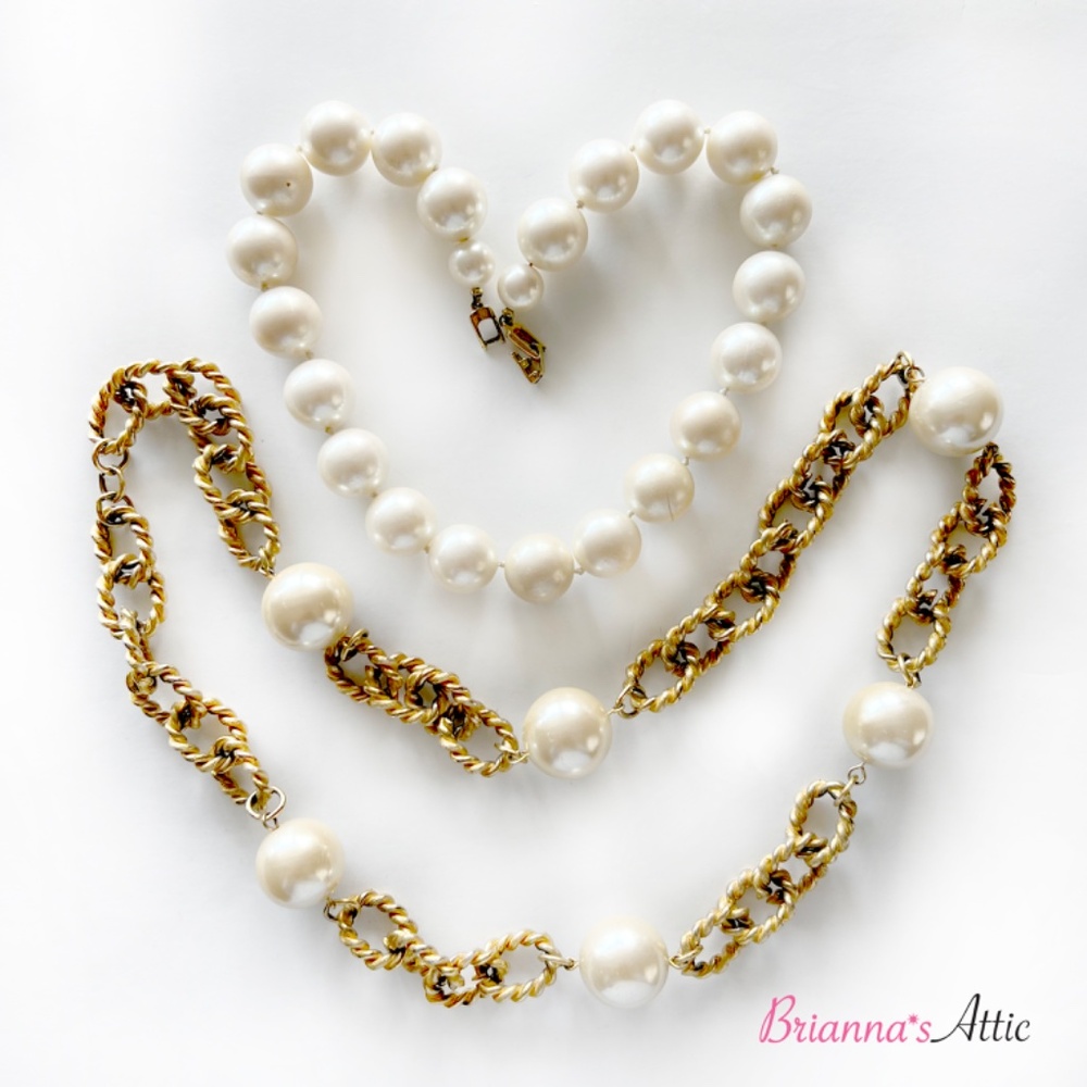 Vintage Oversize Pearl & Chunky Rope Chain Necklace 1980s - 2 piece